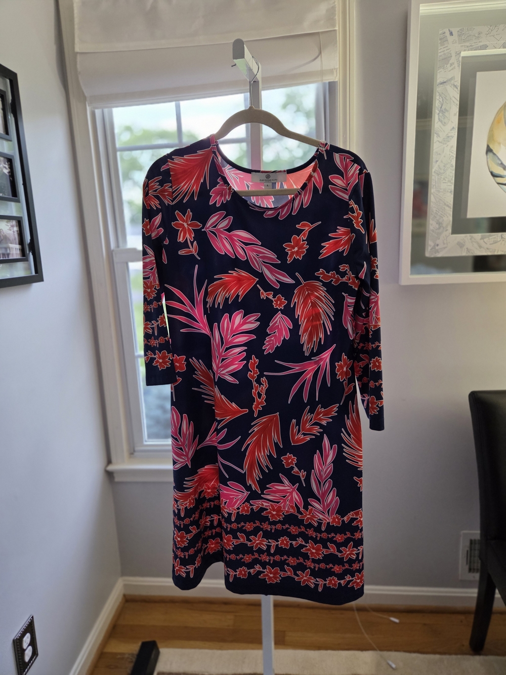Jean Pierre Navy Long Sleeve Dress with Pink & Red Leaf Print